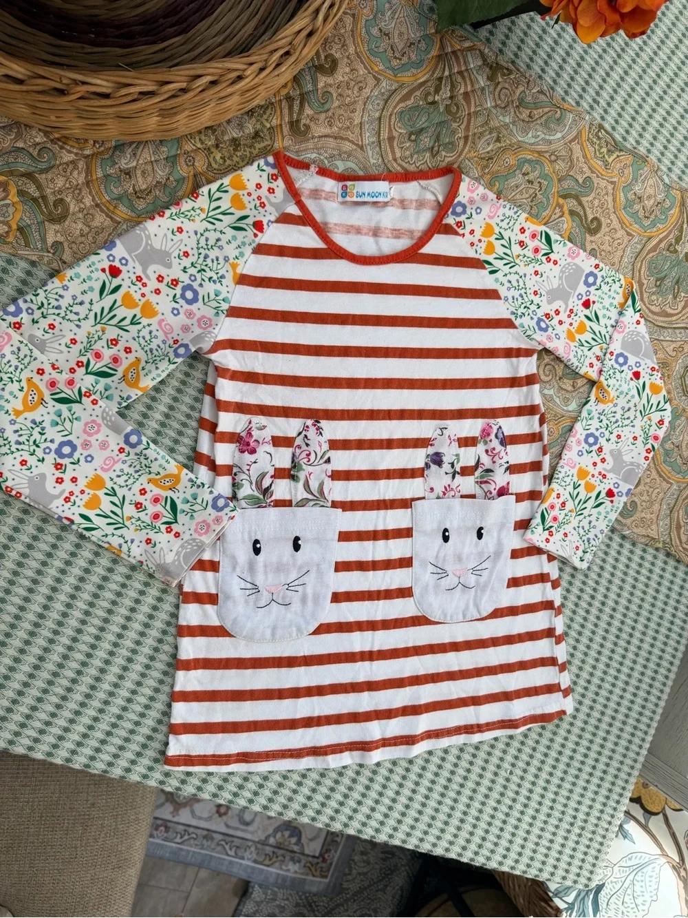 Sun Moon Kids Boutique Toddler Girl Mixed Media Long Sleeve Dress Bunnies Floral